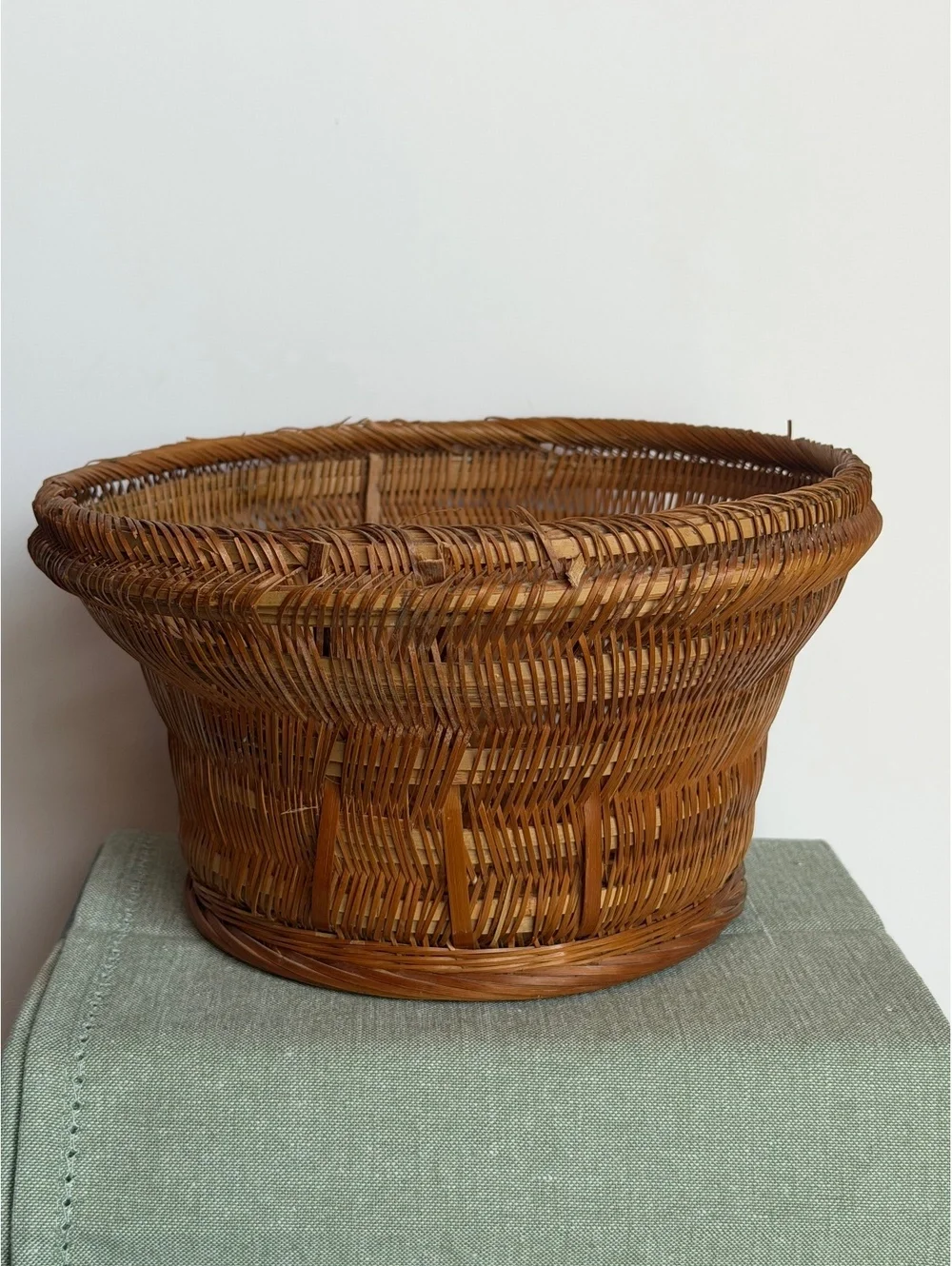 Vintage Chinese Handwoven Bamboo Rattan Basket Kagome Weave Mid Century Decor